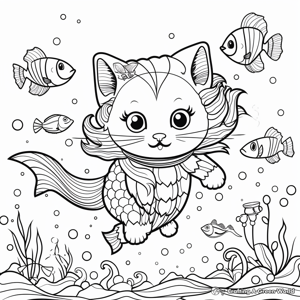 Cat Bee Under the Sea: Mermaid Cat Bee Coloring Pages 2