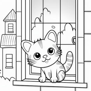 Cat in a Window Scene Coloring Pages 1