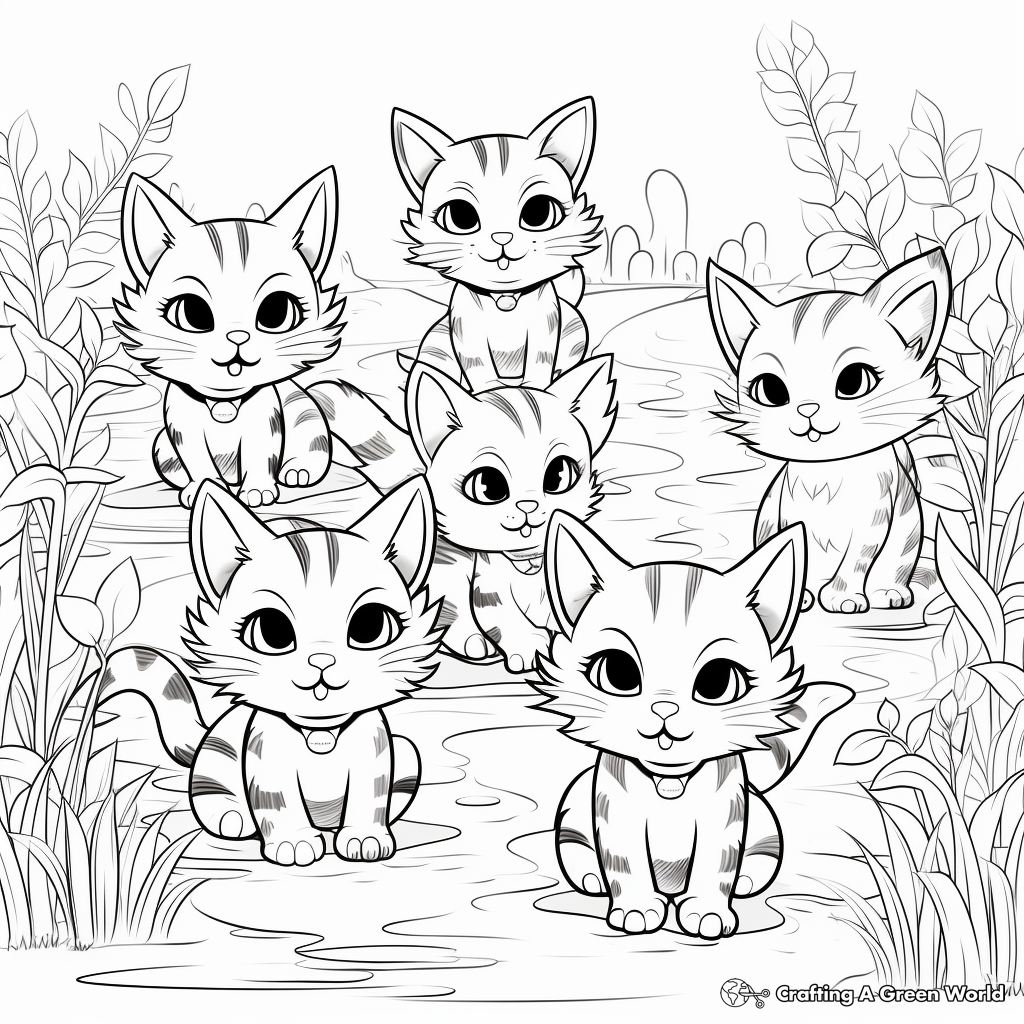 Cat Pack in the Wild: Jungle-Scene Coloring Pages 1