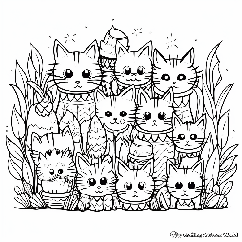 Cat Pack in the Wild: Jungle-Scene Coloring Pages 2