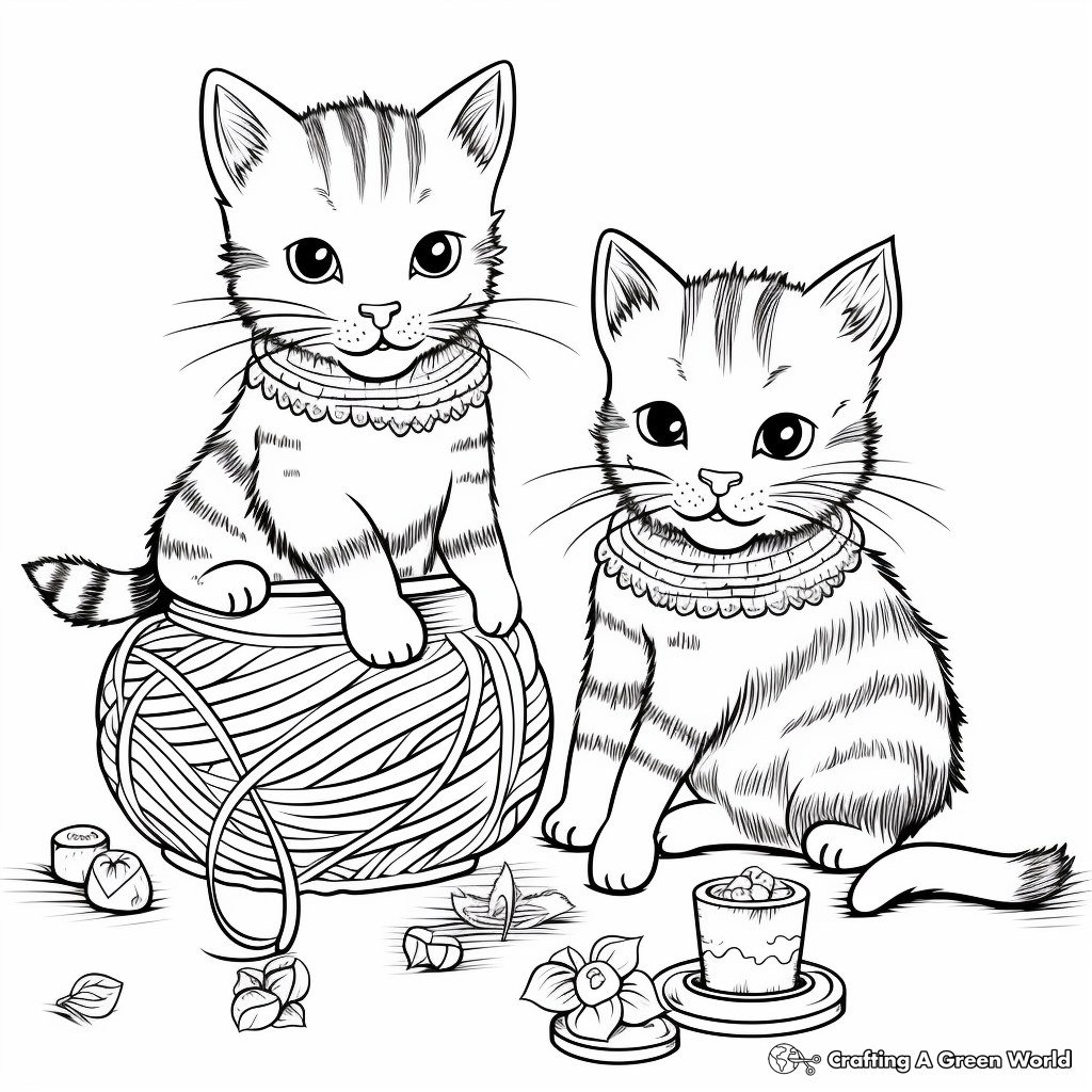 Cats Playing with a Yarn Coloring Pages 2
