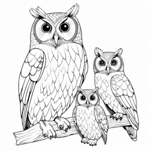 Challenging Long-eared Owl Family Advanced Coloring Pages 1