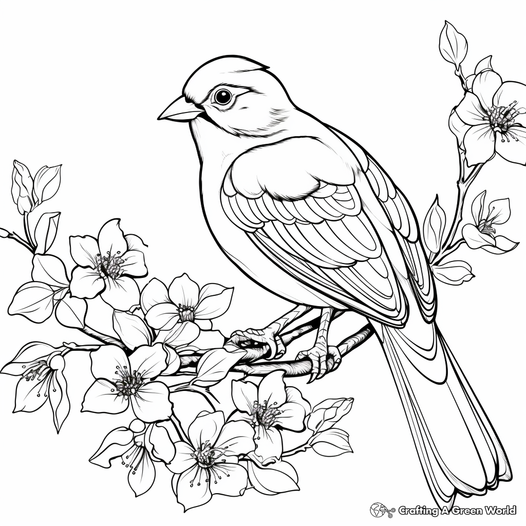 Charming Cardinal and Cherry Blossom Coloring Pages 2