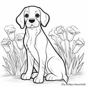 Charming Dog with Daffodils Coloring Pages 1