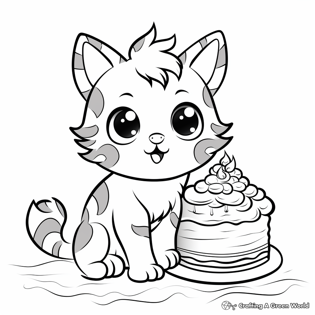 Charming Kitty Cat with Cake Coloring Pages 1