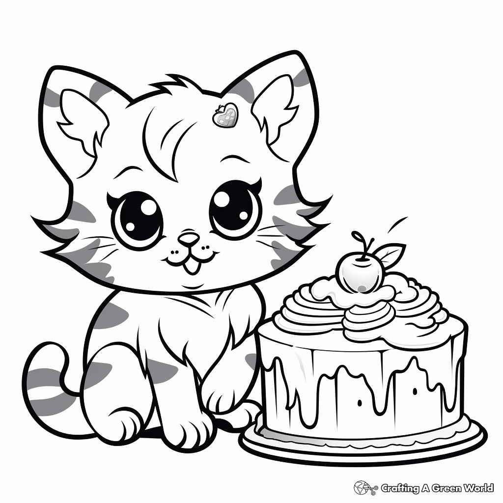 Charming Kitty Cat with Cake Coloring Pages 2