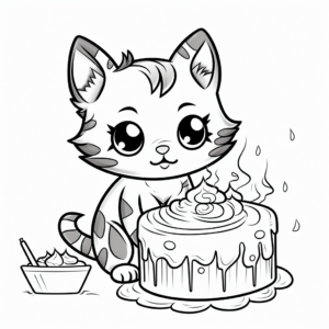 Charming Kitty Cat with Cake Coloring Pages 3