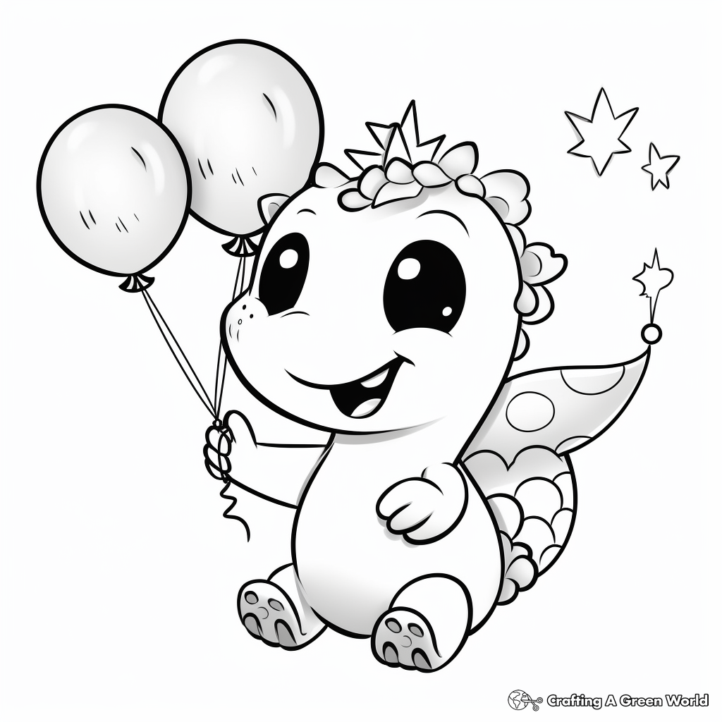 Cheerful Kawaii Dino with Balloons Coloring Pages 1