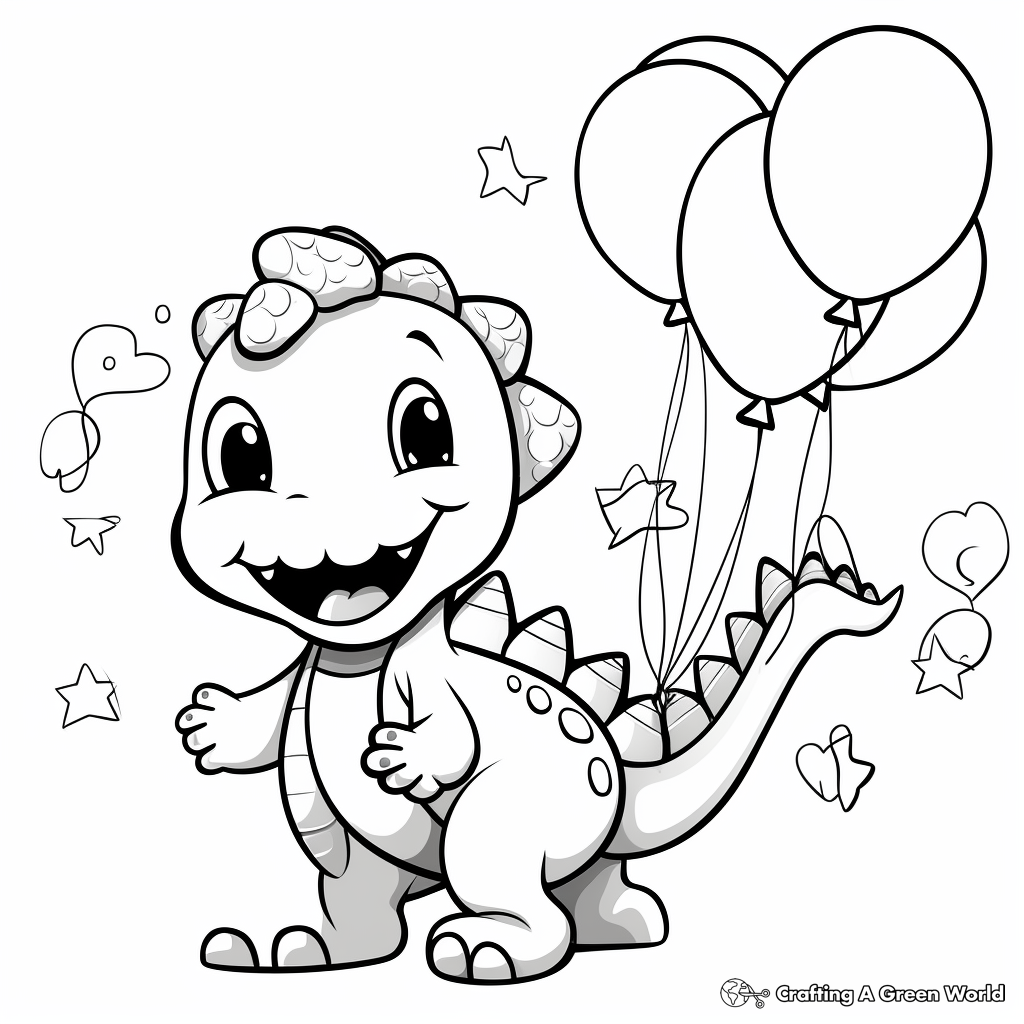 Cheerful Kawaii Dino with Balloons Coloring Pages 3