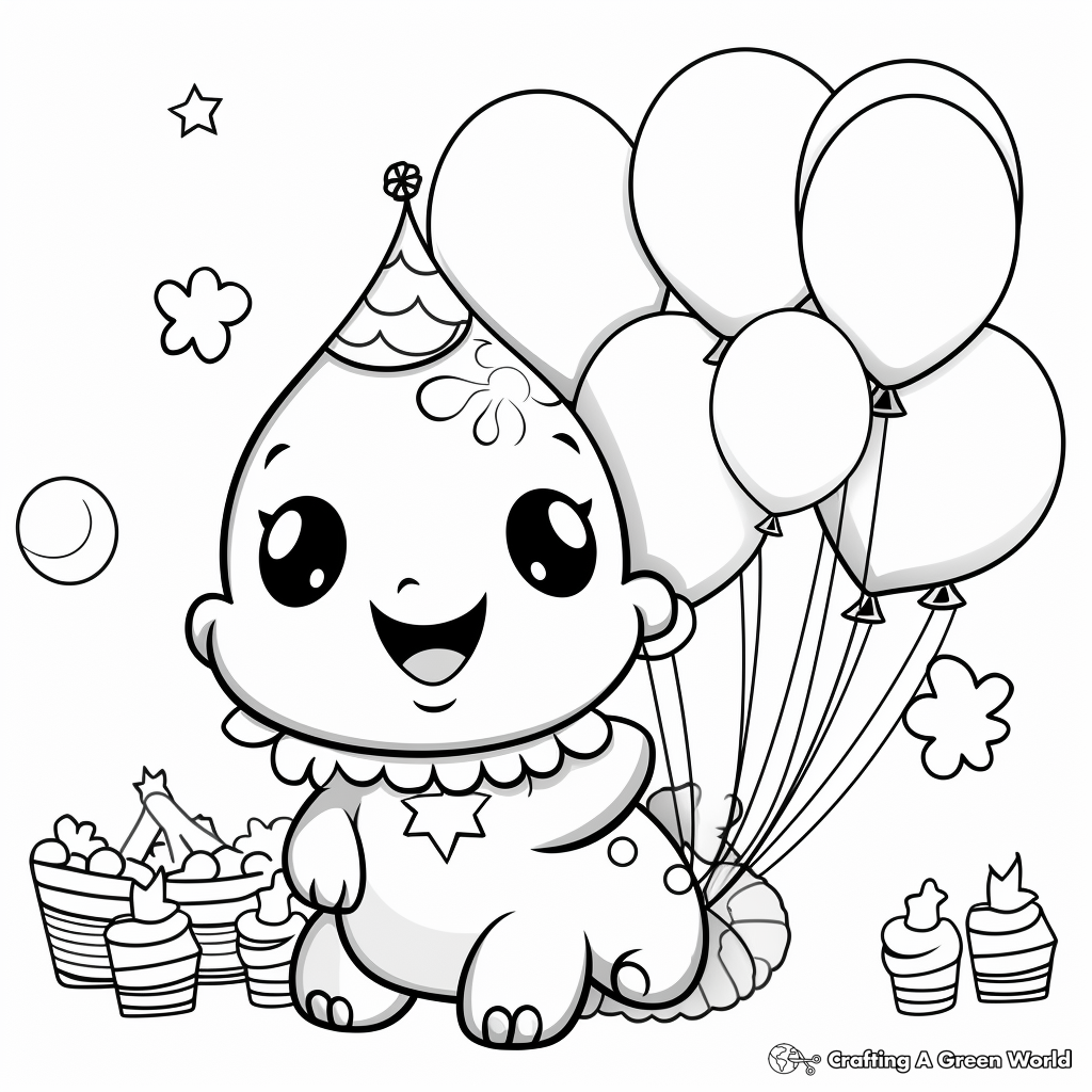 Cheerful Kawaii Dino with Balloons Coloring Pages 4