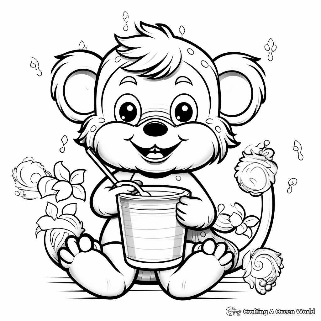 Cheerful Monkey Drinking Boba Coloring Pages 2