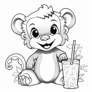 Cheerful Monkey Drinking Boba Coloring Pages 3