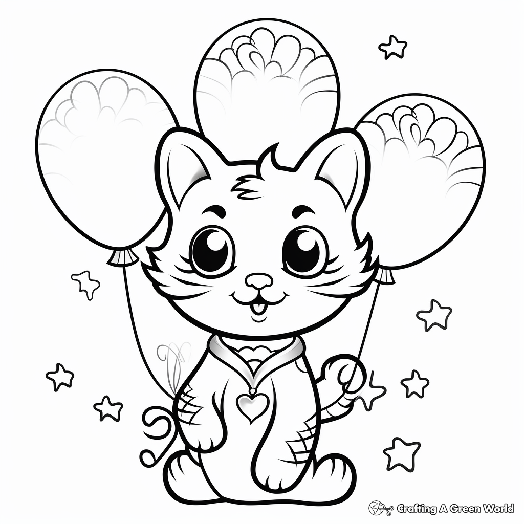 Cheerful Rainbow Cat with Balloons Coloring Pages 1