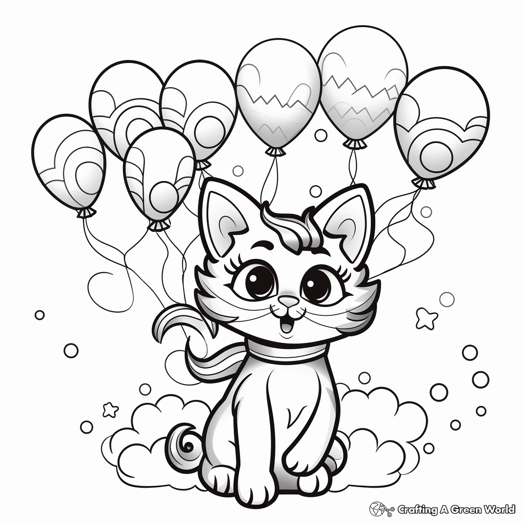 Cheerful Rainbow Cat with Balloons Coloring Pages 4