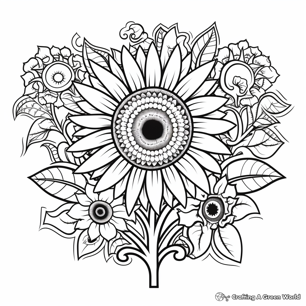 Cheerful Sunflower and Heart Coloring Pages 3