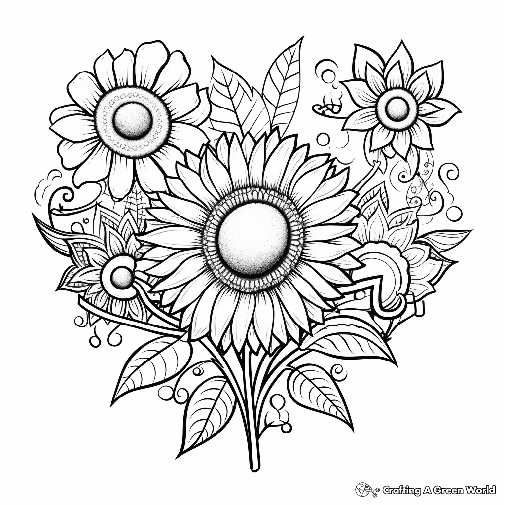 Cheerful Sunflower and Heart Coloring Pages 4
