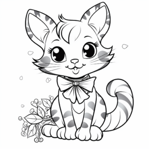 Cheerful Tabby Cat Wearing Bow Coloring Pages 1