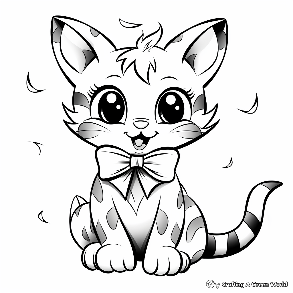 Cheerful Tabby Cat Wearing Bow Coloring Pages 2