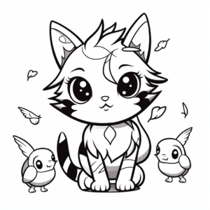 Chibi Cat with Birds Coloring Pages 1
