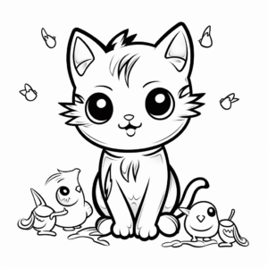 Chibi Cat with Birds Coloring Pages 3
