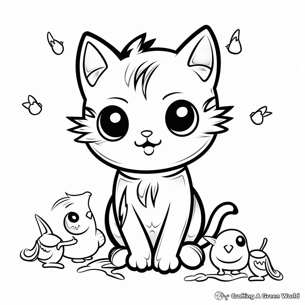 Chibi Cat with Birds Coloring Pages 3