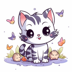 Chibi Cat with Birds Coloring Pages 4
