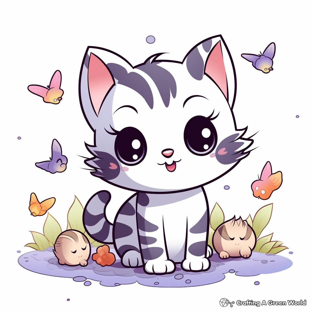 Chibi Cat with Birds Coloring Pages 4