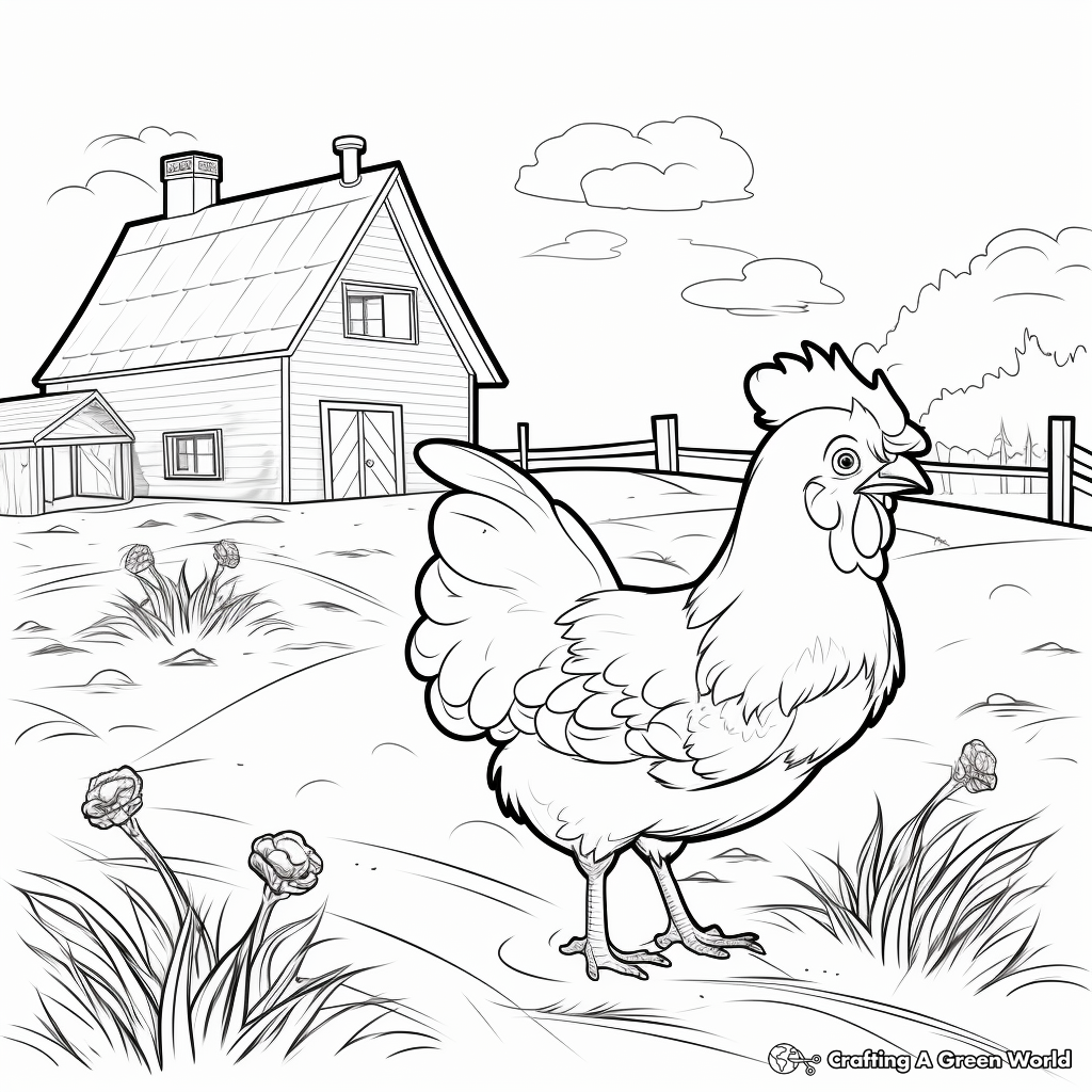 Chicken-In-The Fields: Farm Scene Coloring Pages 4