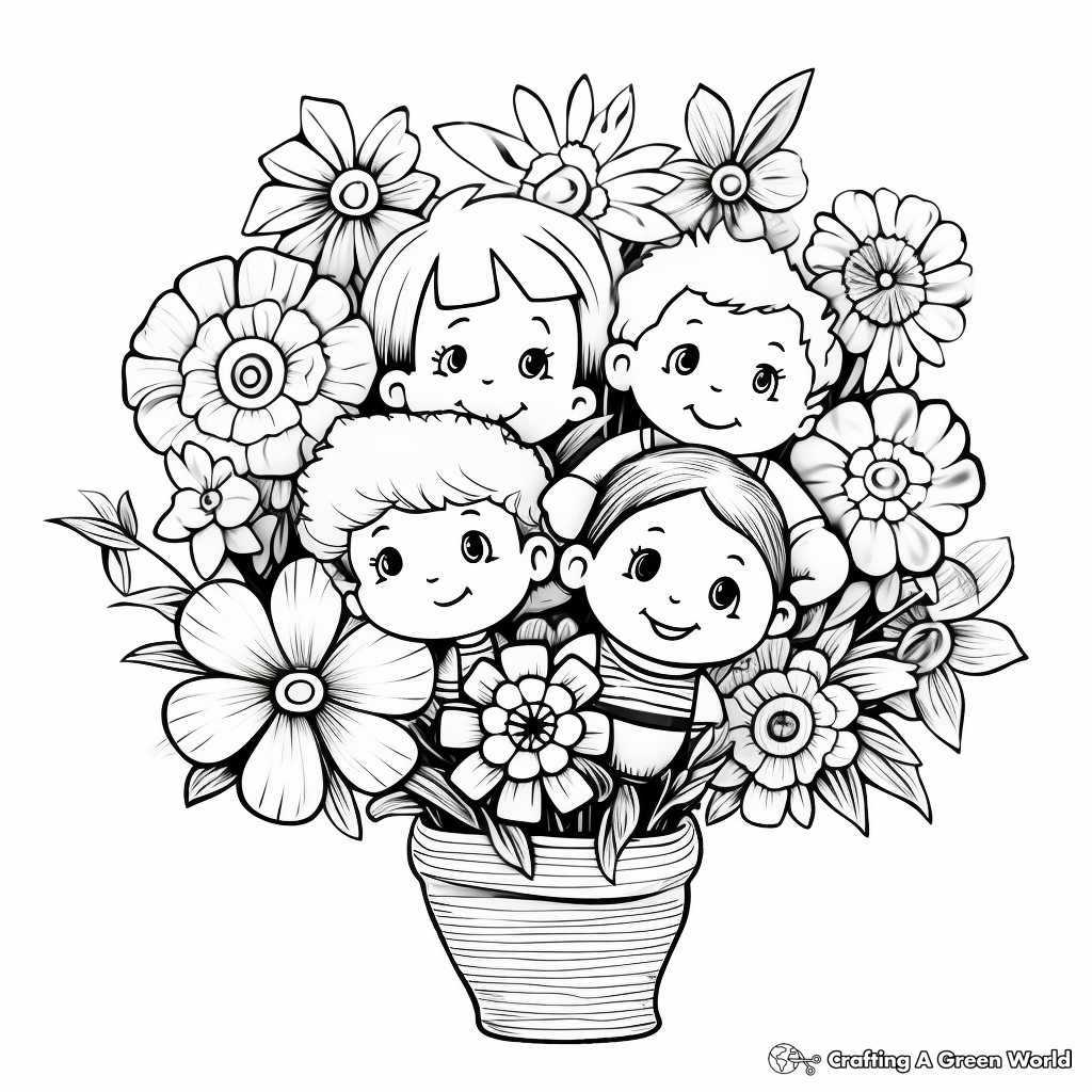 Children’s Playful Mixed Flower Bouquet Coloring Pages 1