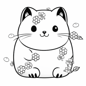 Chubby Cat and Cherry Blossoms Coloring Pages 1