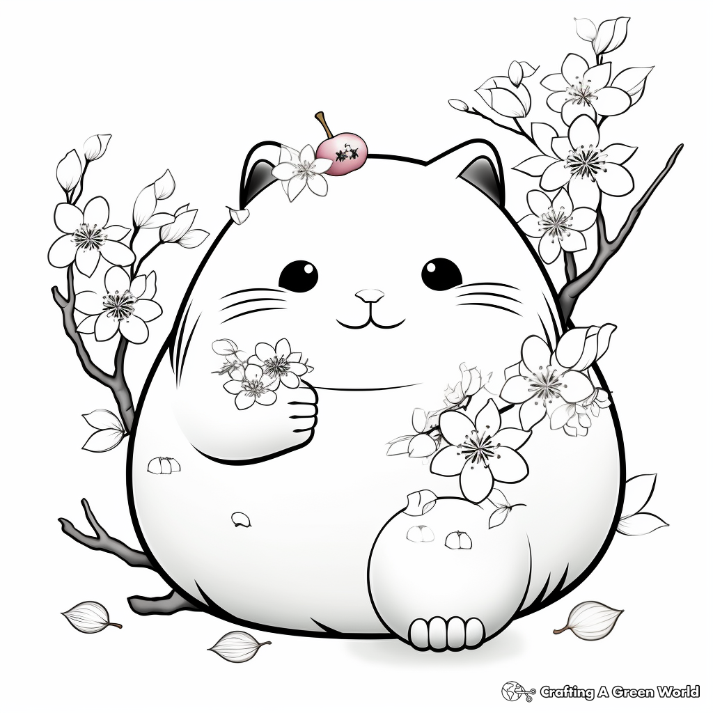 Chubby Cat and Cherry Blossoms Coloring Pages 4