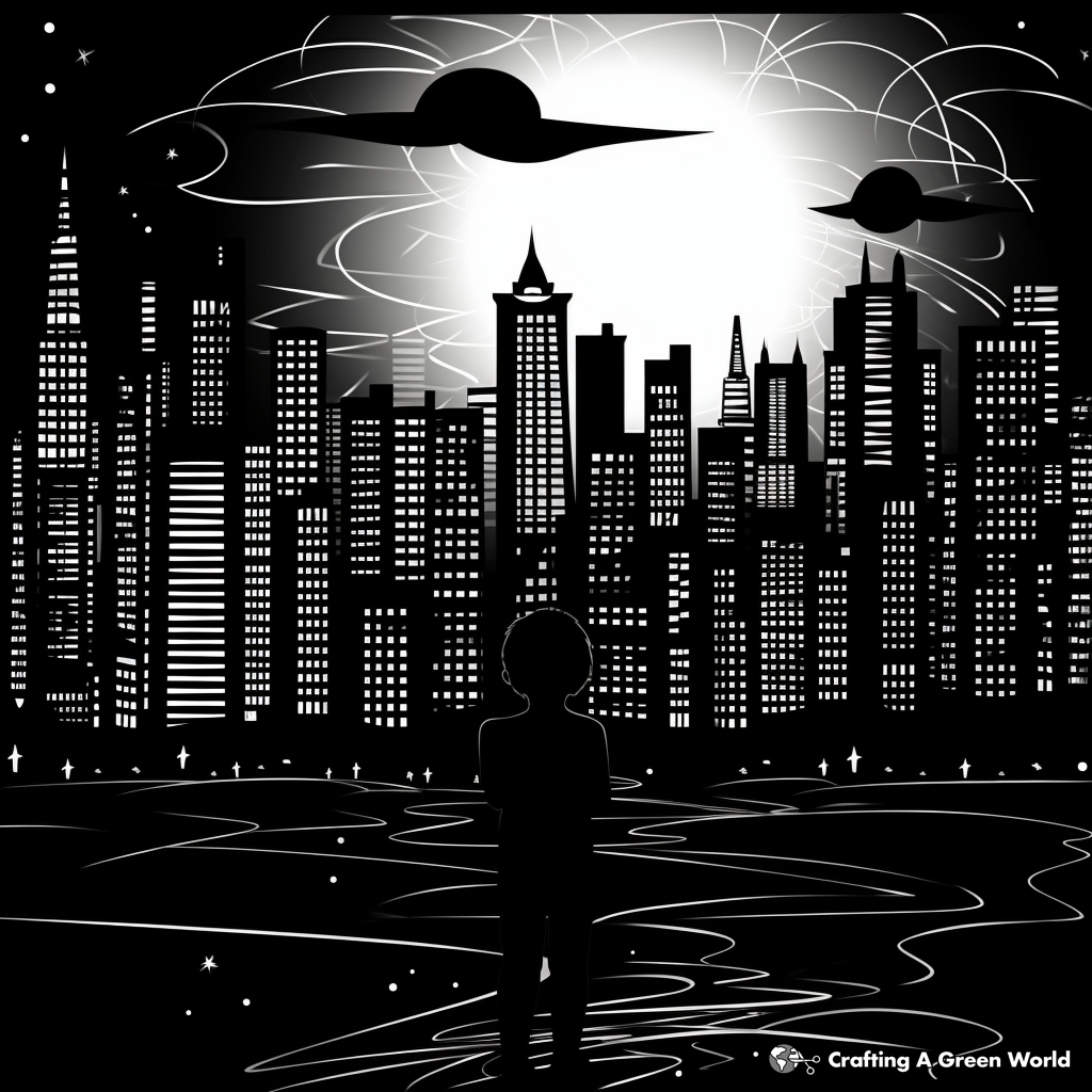 City Skyline at Night Shadow Coloring Pages 1