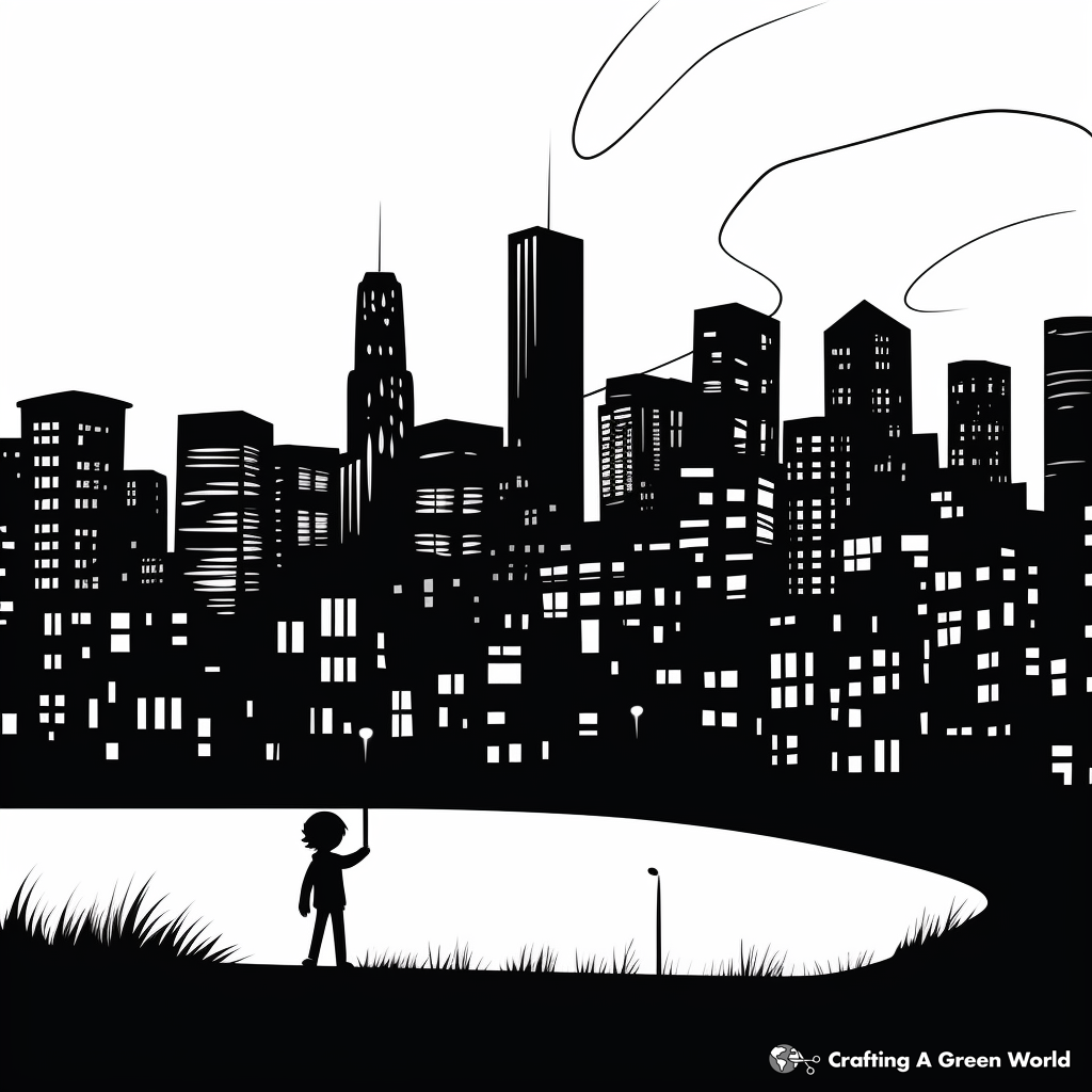 City Skyline at Night Shadow Coloring Pages 2
