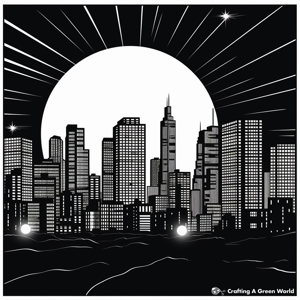 City Skyline at Night Shadow Coloring Pages 4