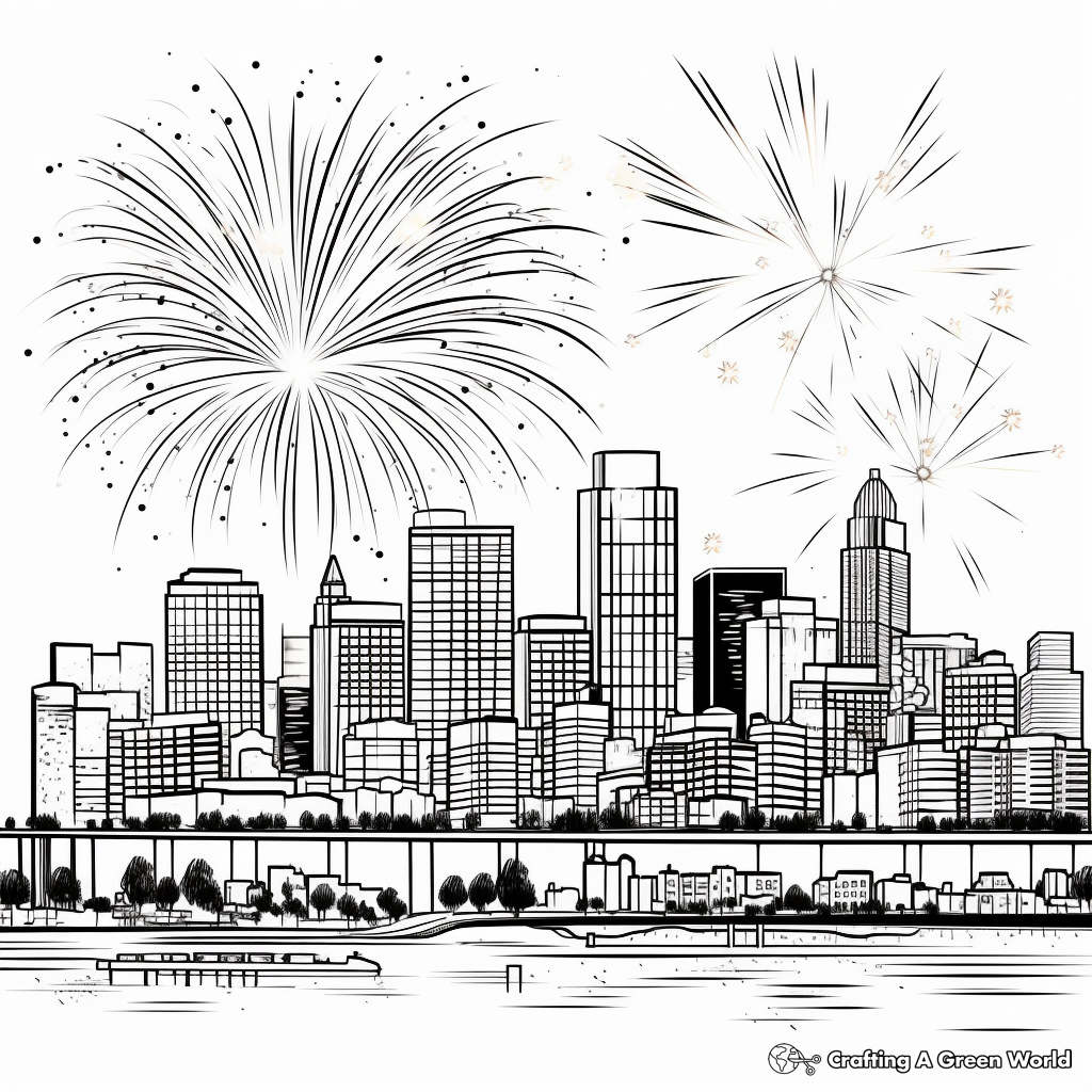 City Skyline with Fireworks Coloring Pages 1