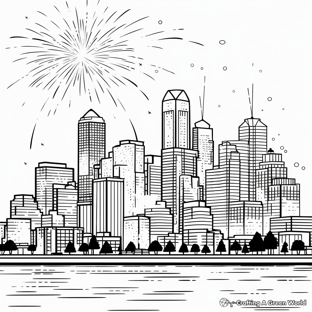 City Skyline with Fireworks Coloring Pages 2