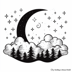 Cloudy Night Crescent Moon Coloring pages 2