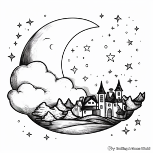 Cloudy Night Crescent Moon Coloring pages 3