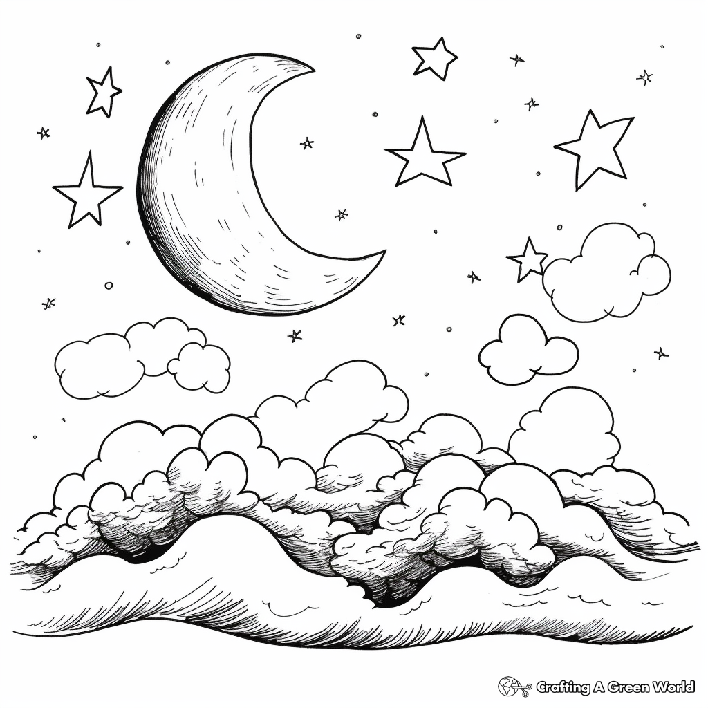 Cloudy Night Crescent Moon Coloring pages 4