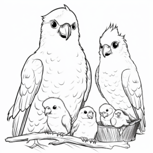Cockatoo Family Coloring Pages: Male, Female, and Chicks 1
