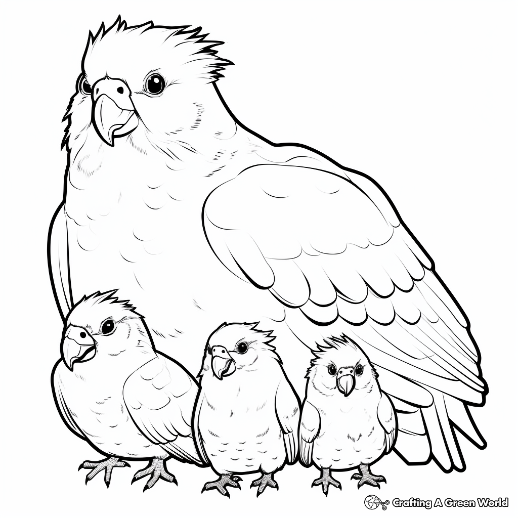 Cockatoo Family Coloring Pages: Male, Female, and Chicks 3