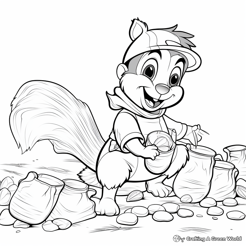 Collecting Nuts- Chipmunk Action Scene Coloring Pages 1