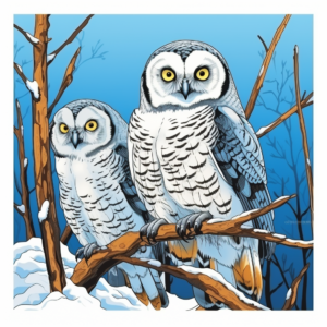 Color the Seasons: Northern Hawk Owl Family Winter and Summer Coloring Pages 1