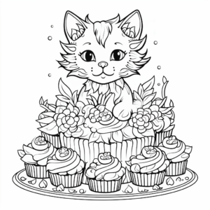 Colorful Cat Cake Party Coloring Pages 1