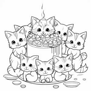 Colorful Cat Cake Party Coloring Pages 2
