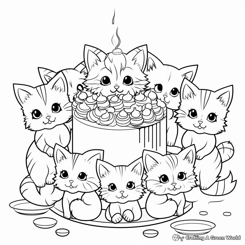 Colorful Cat Cake Party Coloring Pages 2