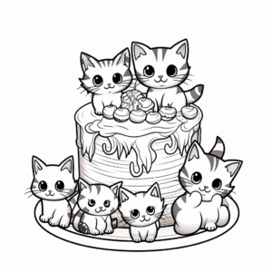 Colorful Cat Cake Party Coloring Pages 3