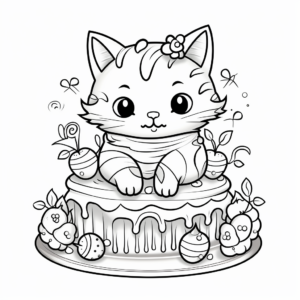 Colorful Cat Cake Party Coloring Pages 4