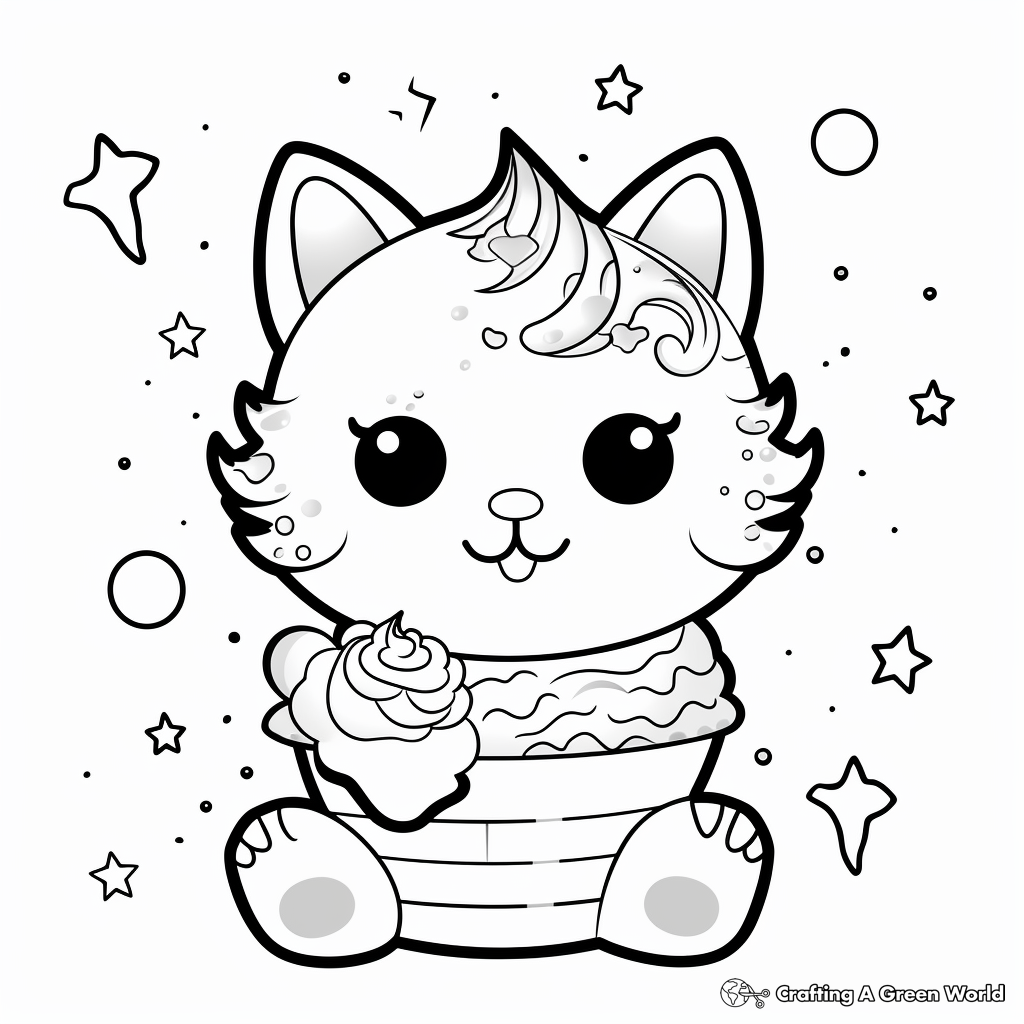 Colorful Cat Ice Cream Galactic Scene Coloring Pages 1