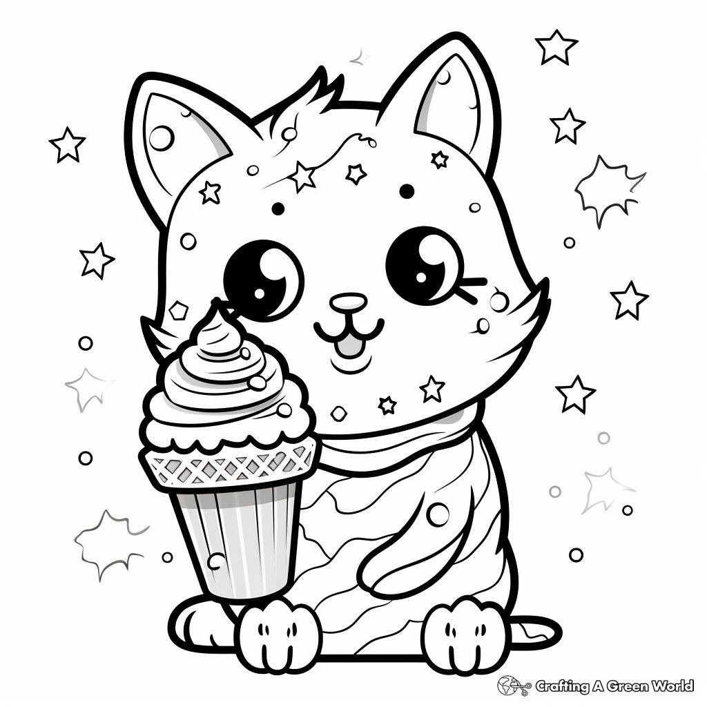 Colorful Cat Ice Cream Galactic Scene Coloring Pages 2